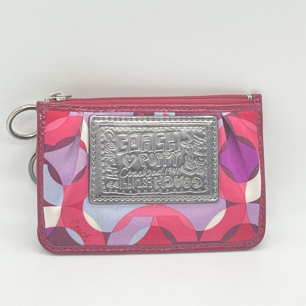 COACH Pink Poppy Change Purse 43925 Kaleid Cards Keychain Authentic 5x3.5" Used